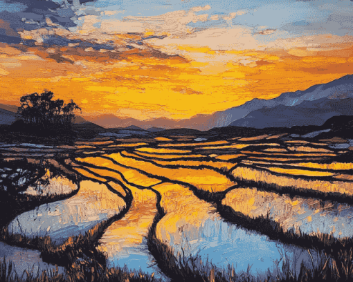 Golden Sunset Over Rice Terraces Diamond Painting