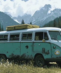 Green Skoolie Bus Mountain Adventure Diamond Painting