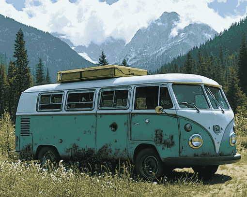 Green Skoolie Bus Mountain Adventure Diamond Painting