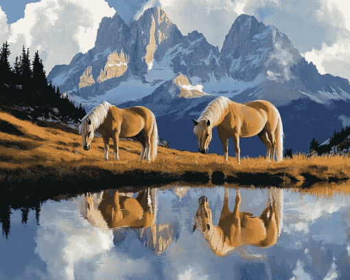 Haflinger Horses in Mountain Scenery Diamond Painting