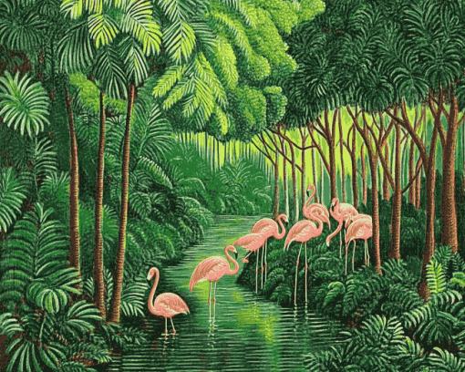 Henri Robert Bresil Flamingos Forest Diamond Painting