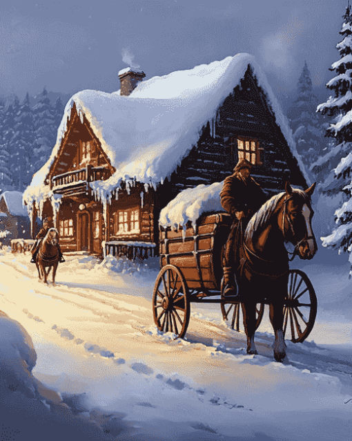 Horse and Wagon Winter Scene Diamond Painting