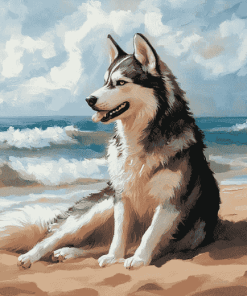 Husky Puppy Beach Diamond Painting