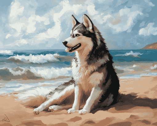 Husky Puppy Beach Diamond Painting