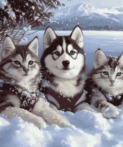 Husky and Cat Snow Adventure Diamond Painting