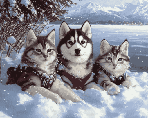 Husky and Cat Snow Adventure Diamond Painting