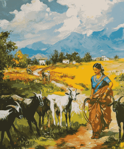 Indian Lady with Goats in Landscapes Diamond Painting