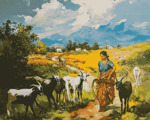 Indian Lady with Goats in Landscapes Diamond Painting