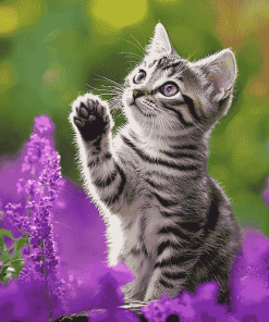 Kitten and Purple Flowers Diamond Painting