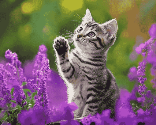 Kitten and Purple Flowers Diamond Painting