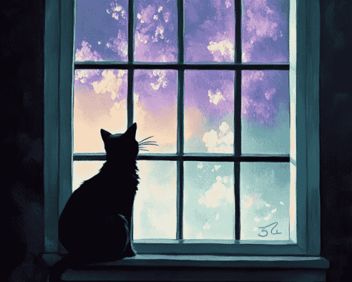 Kitty Silhouette Window View Diamond Painting