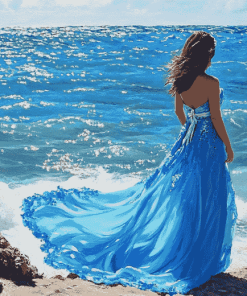 Lady in Blue Dress Seaside Diamond Painting