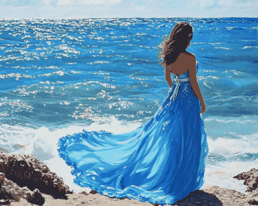 Lady in Blue Dress Seaside Diamond Painting