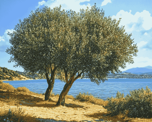 Lake and Olive Trees Diamond Painting