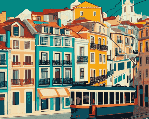 Lisbon Tram Cityscape Diamond Painting