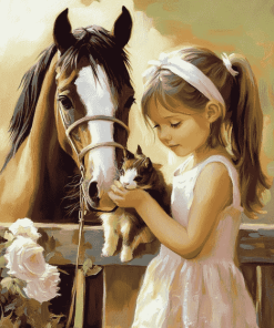 Little Girl with Pony and Cat Diamond Painting