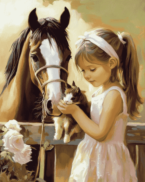 Little Girl with Pony and Cat Diamond Painting