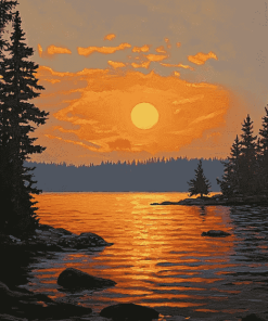 Loon Lake Sunset Scene Diamond Painting