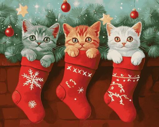 Merry Christmas Cats in Stockings Diamond Painting