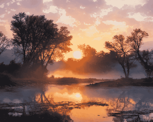 Misty River Valley Sunrise Diamond Painting