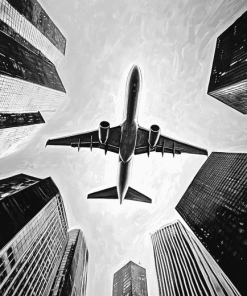 Monochrome Airplane and Skyscrapers Diamond Painting