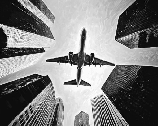 Monochrome Airplane and Skyscrapers Diamond Painting