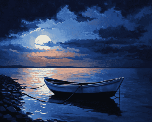 Moonlit Boat Seascape Diamond Painting