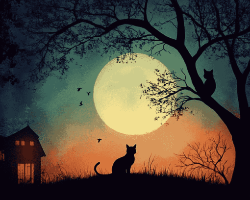 Moonlit Cat Silhouette Diamond Painting