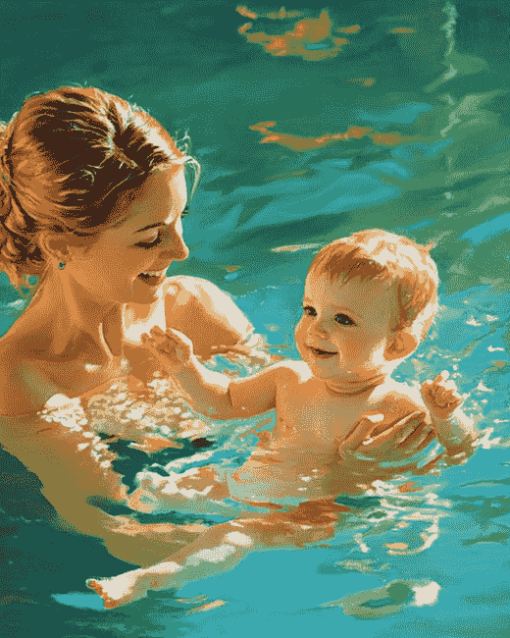 Mother Swimming with Baby Boy Diamond Painting