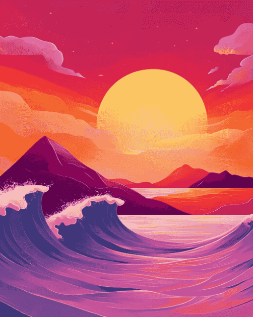 Mountain Waves at Pink Sunset Diamond Painting