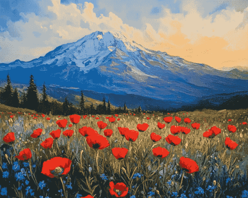 Mt St Helens Red Poppies View Diamond Painting