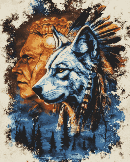 Native American Wolf and Chief Diamond Painting