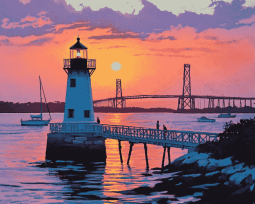 Newport Harbor Sunset Lighthouse Diamond Painting