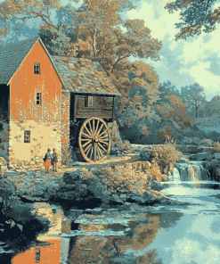 Old Mill Cottage Scene Diamond Painting