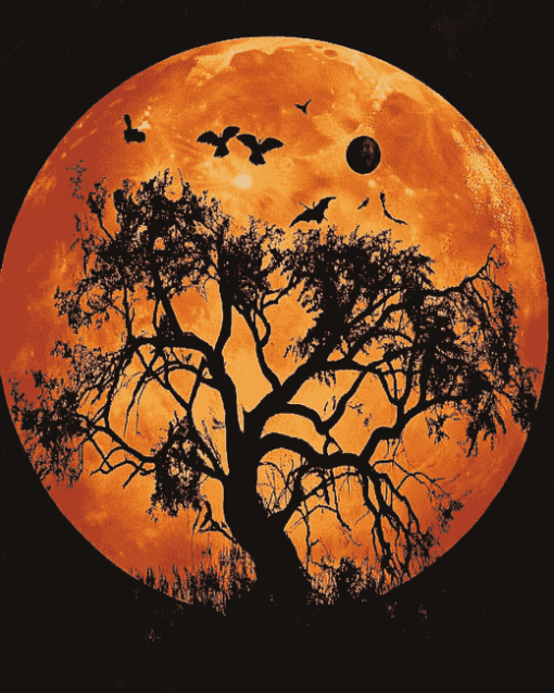 Orange Moon and Tree Silhouette Diamond Painting