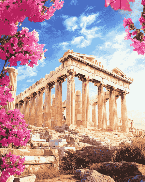 Parthenon Greece Flowers Diamond Painting