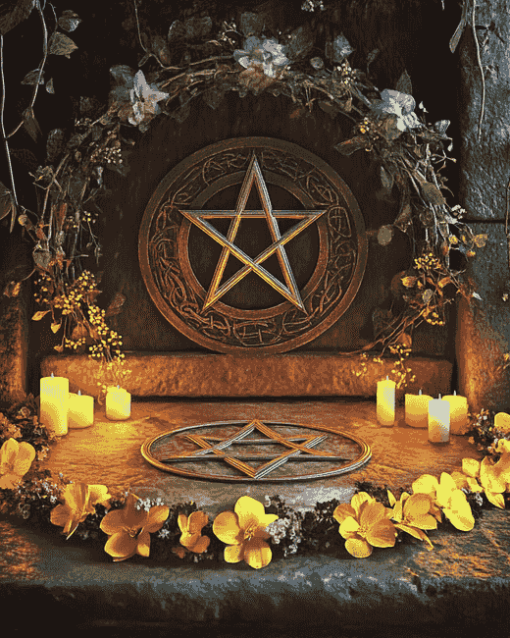 Pentacle with Flowers on Wiccan Altar Diamond Painting