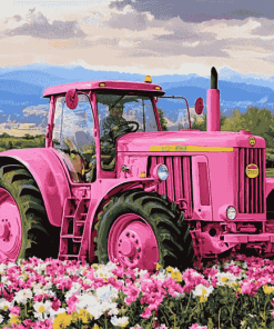 Pink Tractor in Flower Field Diamond Painting