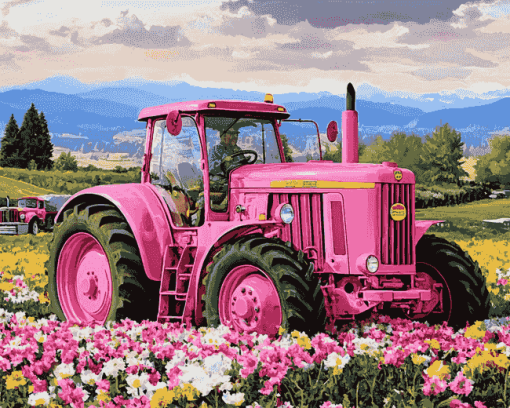 Pink Tractor in Flower Field Diamond Painting