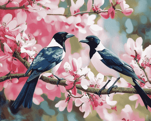 Pink Tree with Australian Magpies Diamond Painting