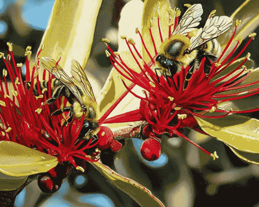 Pohutukawa Blossom with Bees Diamond Painting