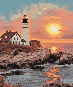 Portland Lighthouse Sunset Diamond Painting