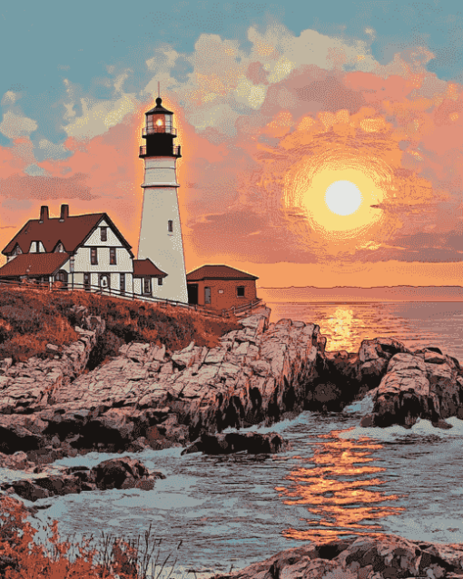 Portland Lighthouse Sunset Diamond Painting