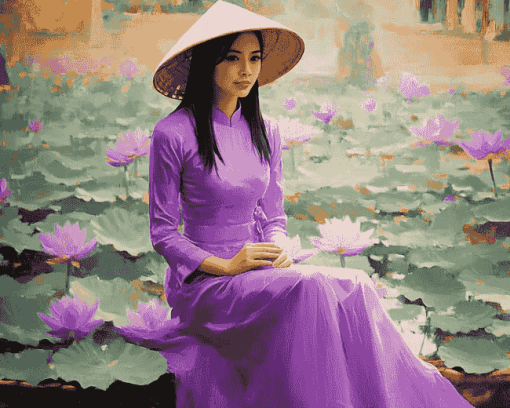 Purple Ao Dai Vietnamese Girl Diamond Painting