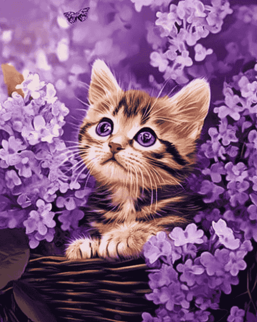 Purple Cat with Flowers Diamond Painting