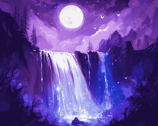 Purple Moonlight Waterfalls Diamond Painting