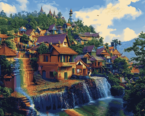 Rainbow Village Indonesia Scenic Diamond Painting