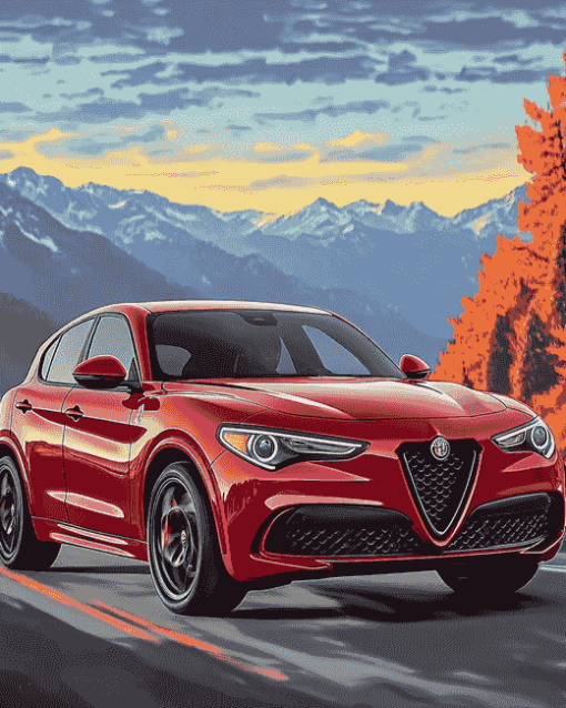 Red Alfa Rome Stelvio Engines Diamond Painting