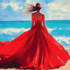 Red Dress Beach Woman Diamond Painting