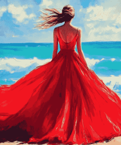 Red Dress Beach Woman Diamond Painting